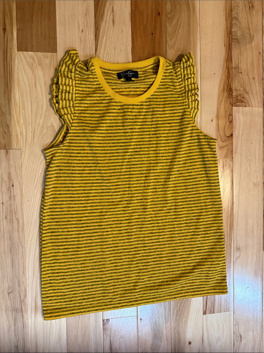 Jessica Simpson Yellow and Black Striped Ruffle Sleeve Tank